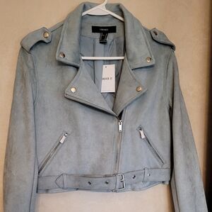 NWT Forever 21 Biker Style Soft Blue Faux Suede Jacket